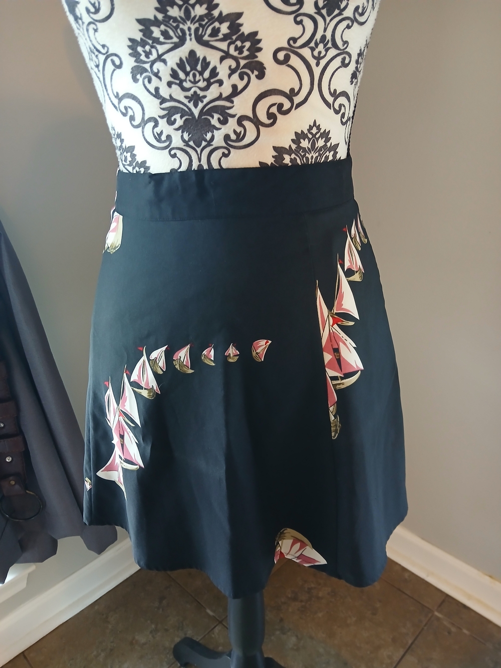 Black Mini Skirt with Pink & Cream Sailboat Print